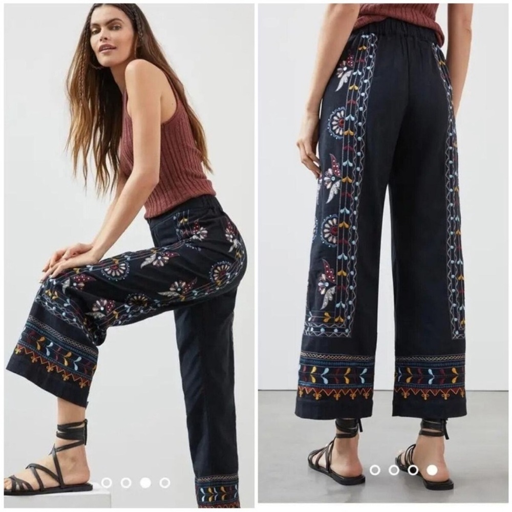 Anthropologie Mahila Embroidered Wide-Leg Pants - Black Size XS
